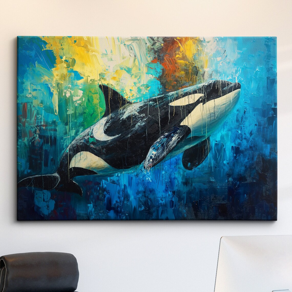 Orca Killer Whale Abstract Blue Ocean Watercolor Painting Poster