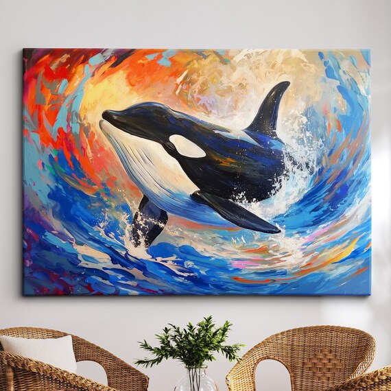 Orca Whale Animal Abstract Oil Painting Colourful Paint Splatter Style Wall Art Framed Canvas Poster Print Homeoffice Room Decor