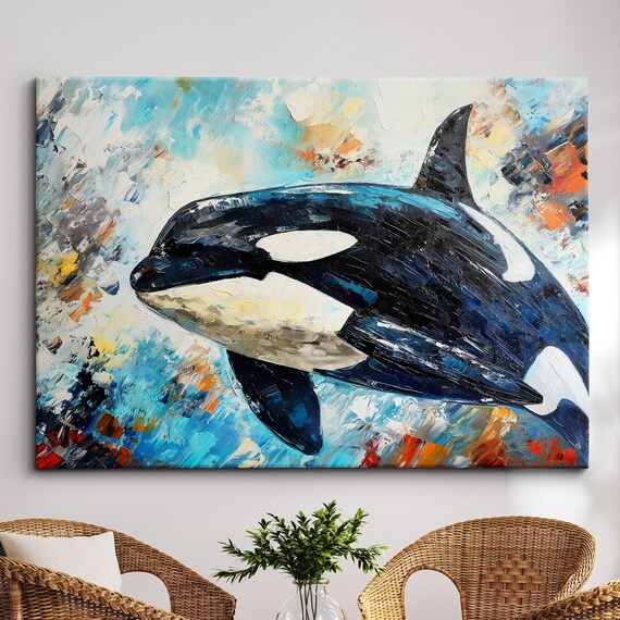 Orca Whale Animal Abstract Oil Painting Colourful Paint Splatter Style Wall Art Framed Canvas Poster Print Homeoffice Room Decor