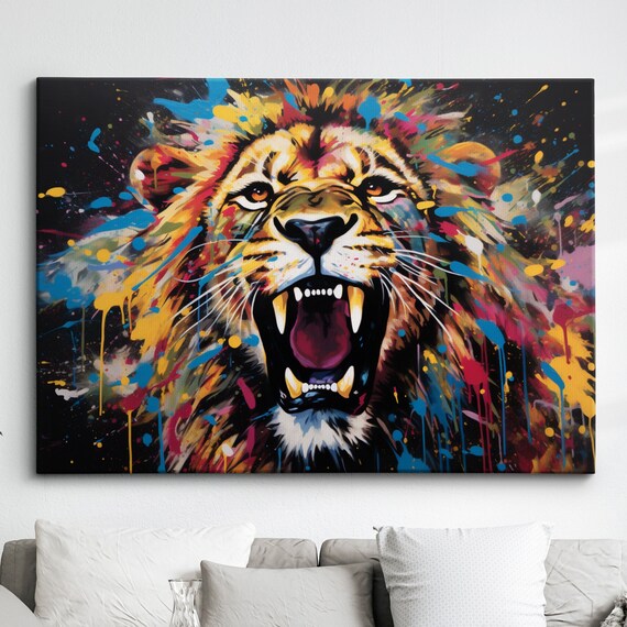 Colorful Lion Roar Abstract Oil Painting Splatter Style Wall Art Framed Canvas Poster Print Home Kitchen Office Room Decor Gifts