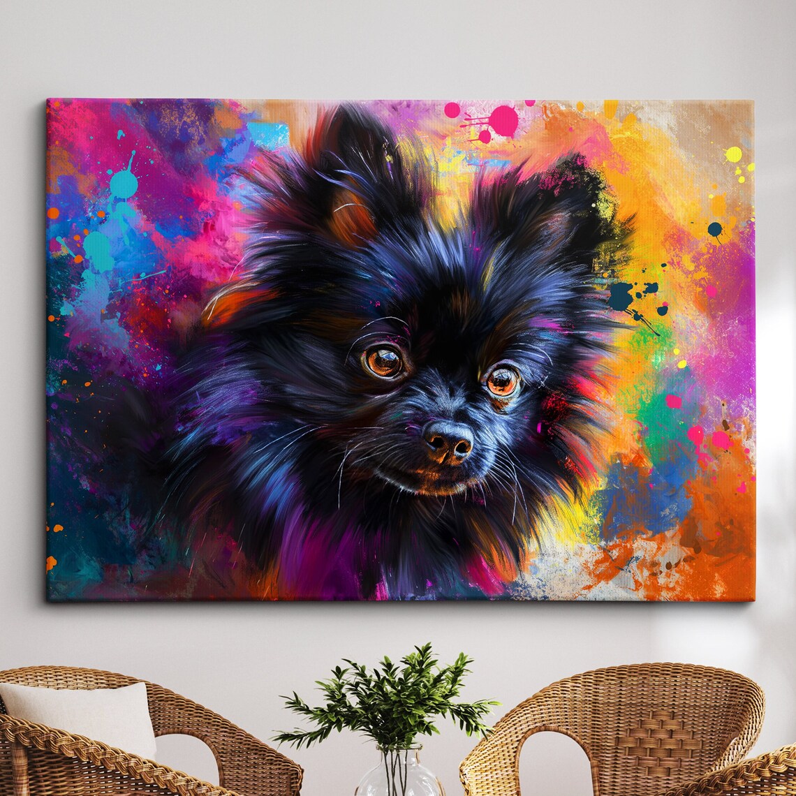 Black Pomeranian Close-Up Portrait Neon Paint Splash Art Poster