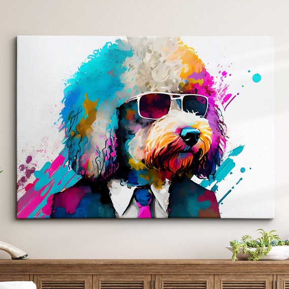 Poodle In Suit And Glasses Dog Pet Abstract Modern Painting Wall Art Framed Canvas Poster Print Home Kitchen Office Room Decor Gifts
