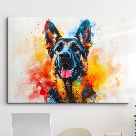 German Shepherd Abstract Dog Pet Animal Painting Splatter Wall Art Framed Canvas Poster Print Home Kitchen Office Room Decor Gifts