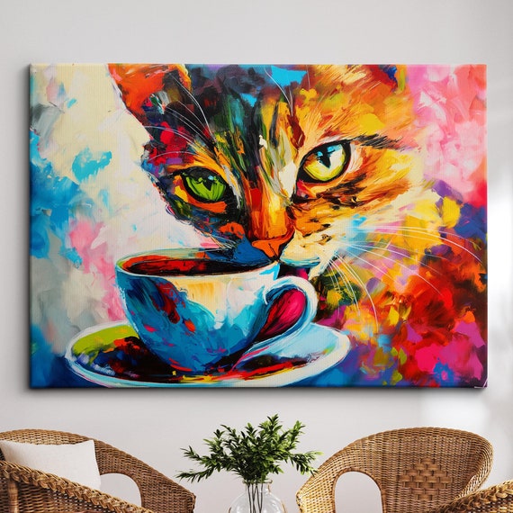 Colorful Cat Coffee Mug Pet Abstract Oil Painting Wall Art Framed Canvas Poster Print Home Kitchen Living Room Decor
