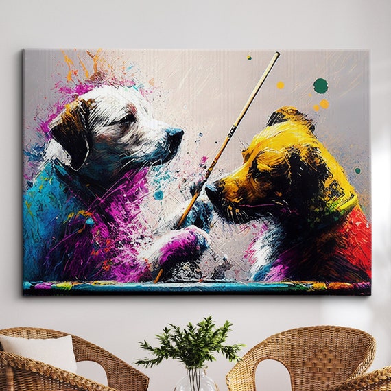Colorful Dogs Playing Snooker Pet Abstract Modern Oil Painting Wall Art Framed Canvas Poster Print Home Kitchen Office Room Decor Gifts