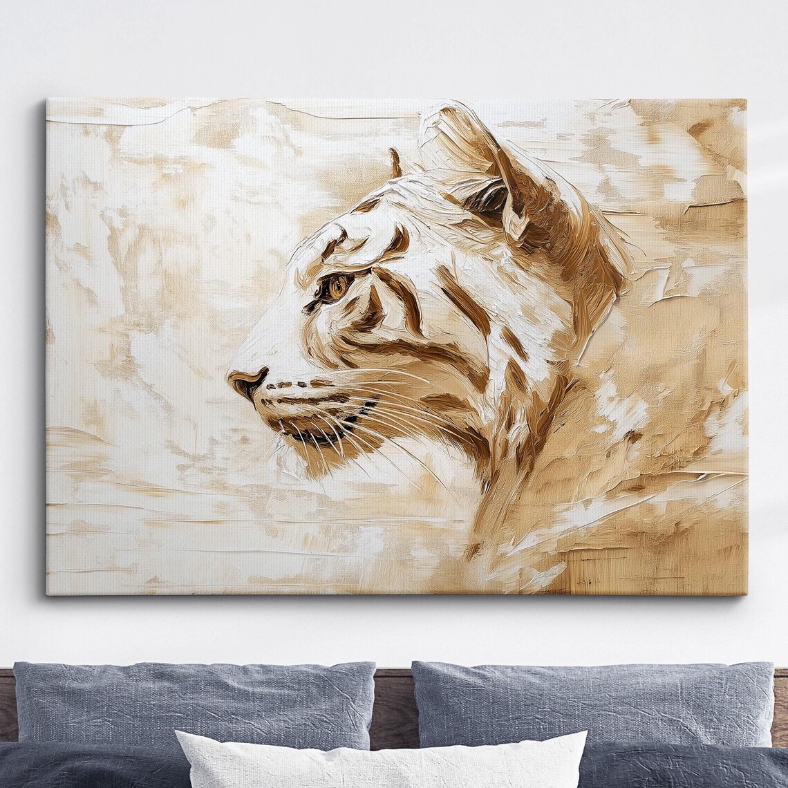 Lioness Portrait Sepia Cream Abstract Minimal Oil Painting Poster