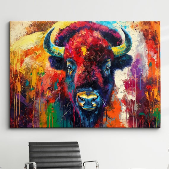 Highland Cow Animal Abstract Oil Painting Colourful Paint Splatter Style Wall Art Framed Canvas Poster Print Homeoffice Room Decor Gifts