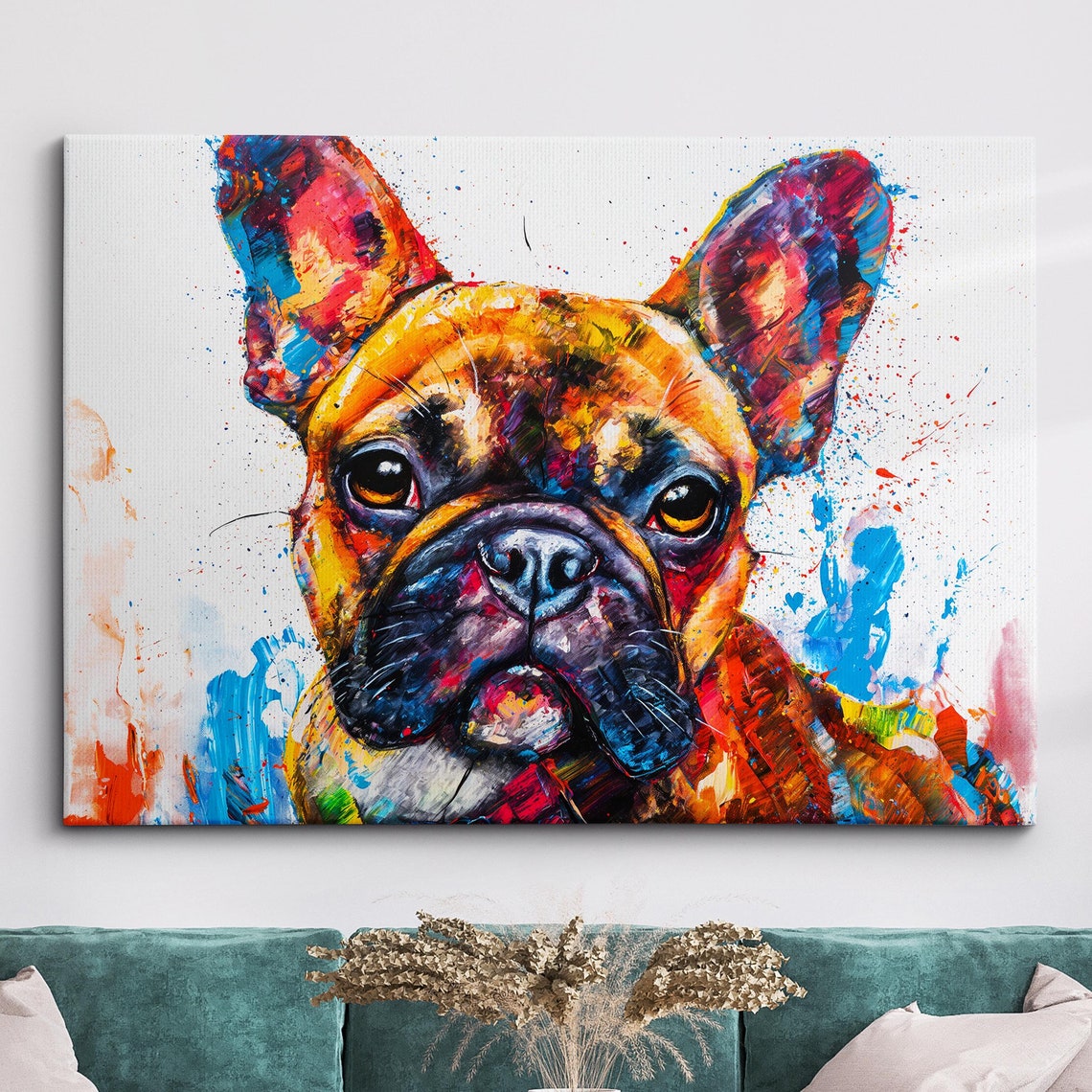 Colorful French Bulldog Dog Pet Abstract Modern Oil Painting Wall Art Framed Canvas Poster Print Home Kitchen Office Room Decor Gifts