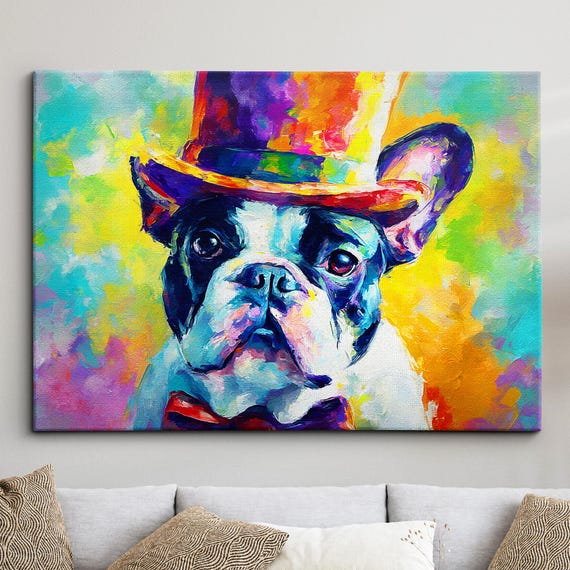 French Bulldog In A Top Hat Animal Abstract Oil Painting Splatter Style Wall Art Framed Canvas Poster Print Home Kitchen Office Room Decor