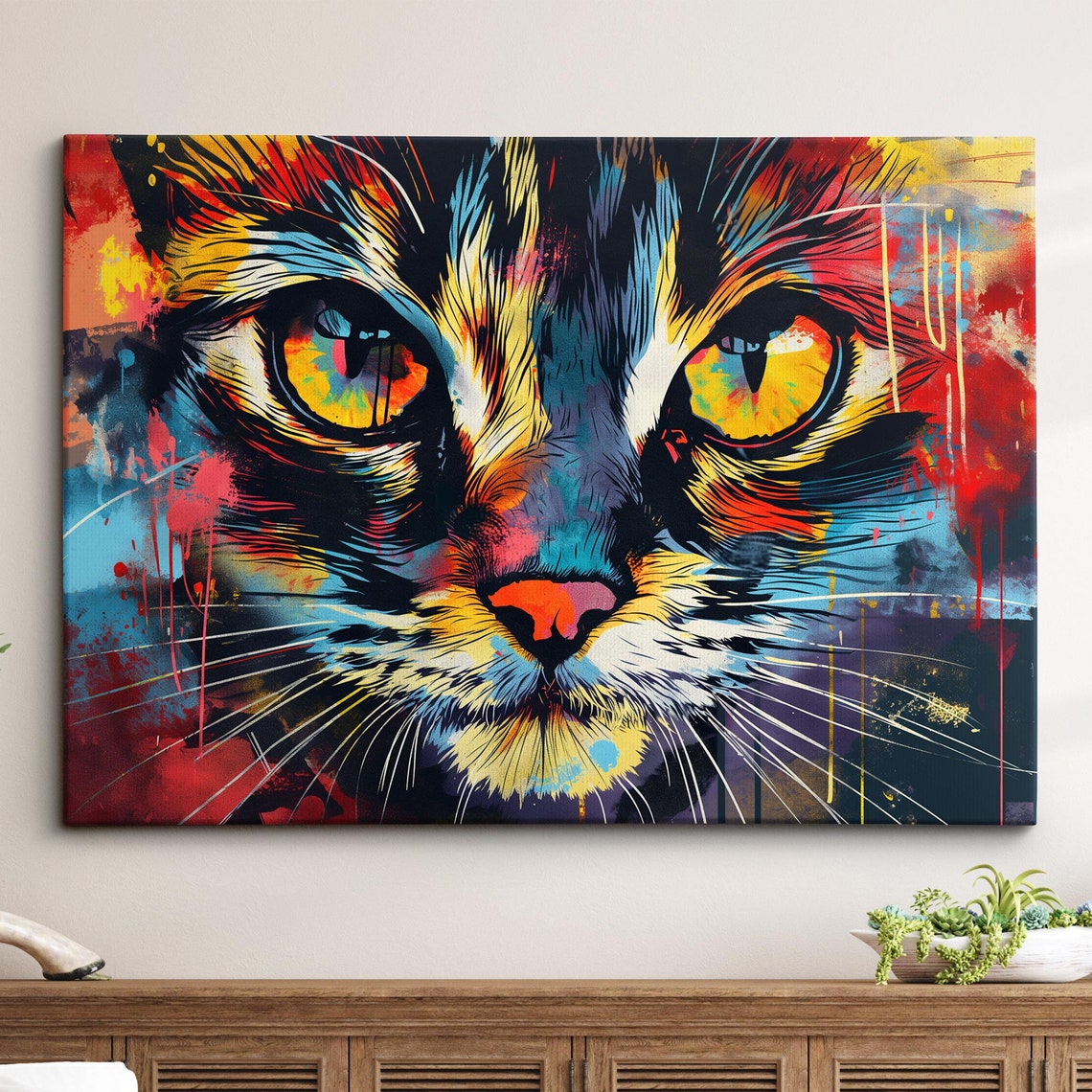 Bright Colorful Cat Pet Abstract Modern Oil Painting Wall Art Framed Canvas Poster Print Home Kitchen Room Decor Gift Ideas