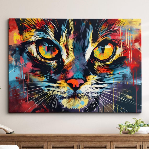Bright Colorful Cat Pet Abstract Modern Oil Painting Wall Art Framed Canvas Poster Print Home Kitchen Room Decor Gift Ideas