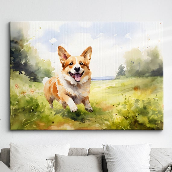 Pembroke Welsh Corgi Dog Pet Abstract Watercolor Painting Wall Art Framed Canvas Poster Print Home Kitchen Living Room Decor Gifts