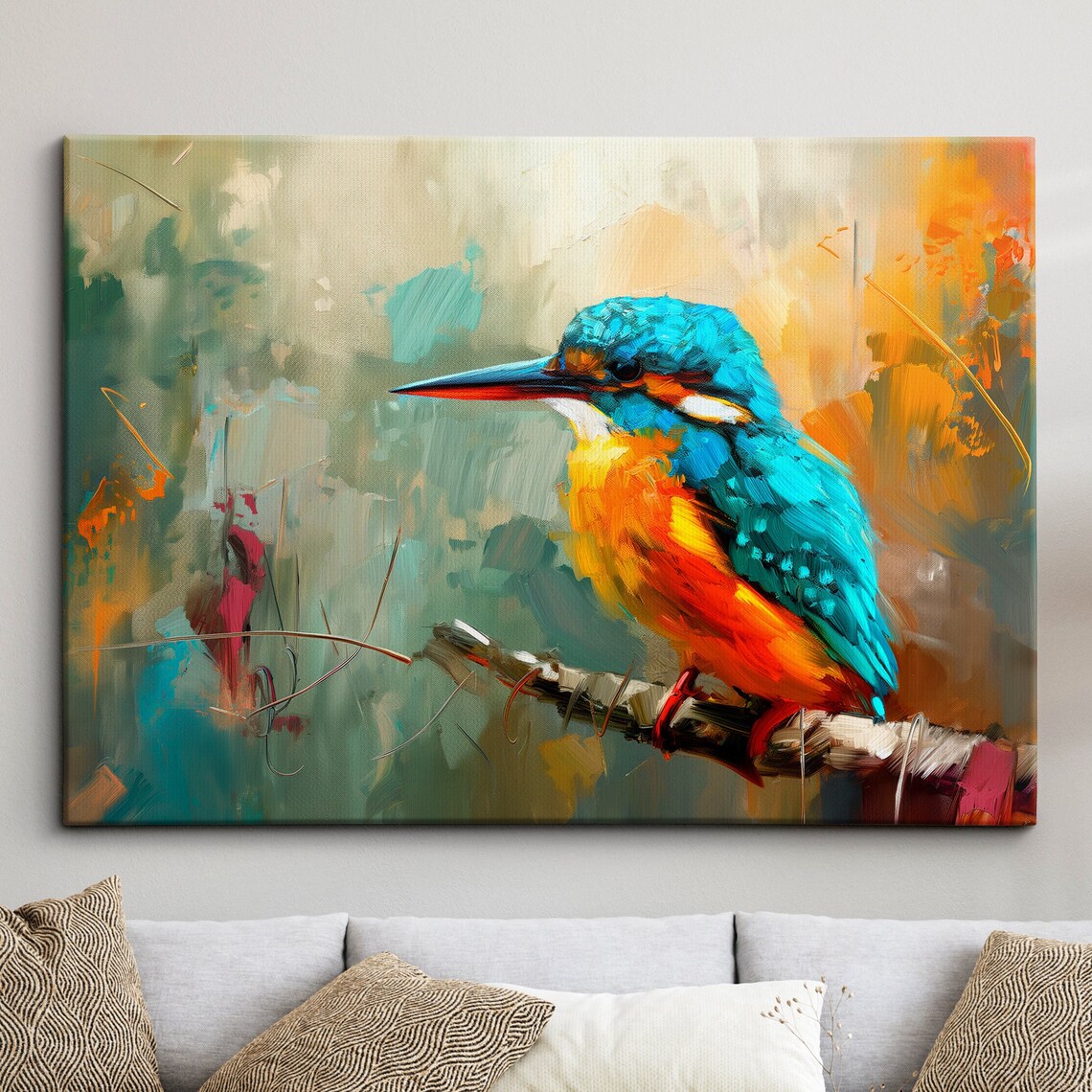 Vibrant Kingfisher Perched on Branch Colorful Oil Painting Wall Art