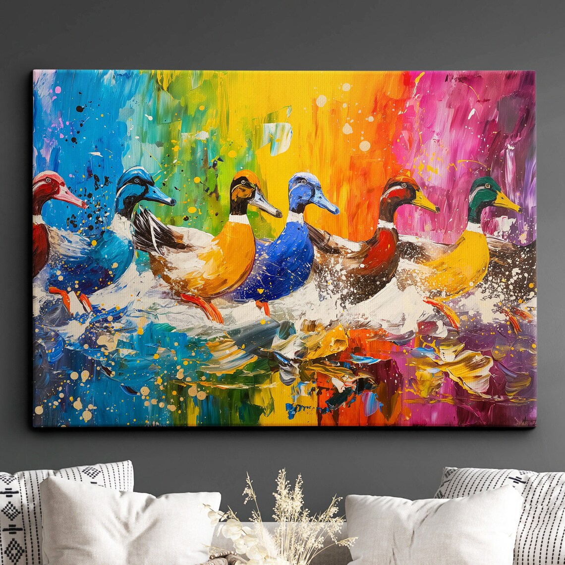 Colorful Ducklings Splashing Abstract Oil Painting Animal Art Poster