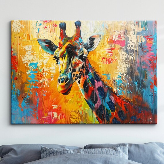 Colorful Giraffe Abstract Animal Oil Painting Style Landscape Wall Art Framed Canvas Poster Print Home Kitchen Living Bedroom Decor Gifts