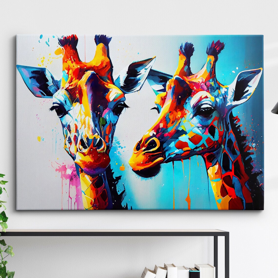 Colorful Giraffes Pair Abstract Oil Painting Print