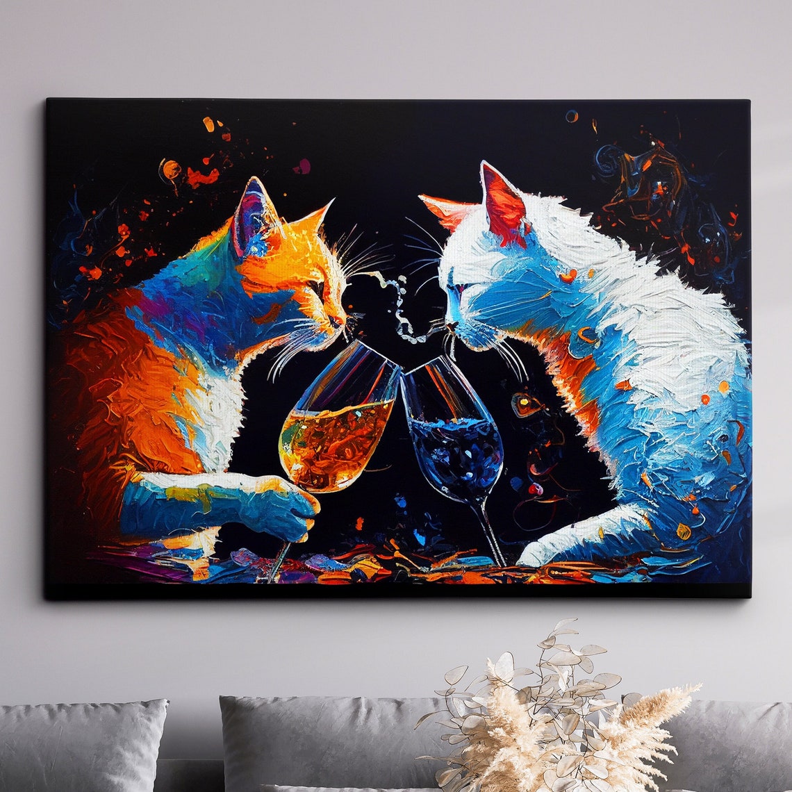 Colorful Cats Toasting Wine Glasses Abstract Oil Painting Poster