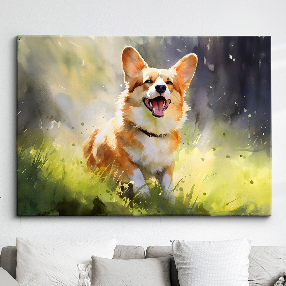 Happy Corgi Running Sunny Meadow Watercolor Dog Portrait Art Poster