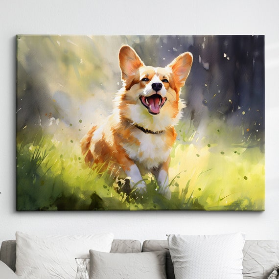 Pembroke Welsh Corgi Dog Pet Abstract Watercolor Painting Wall Art Framed Canvas Poster Print Home Kitchen Living Room Decor Gifts