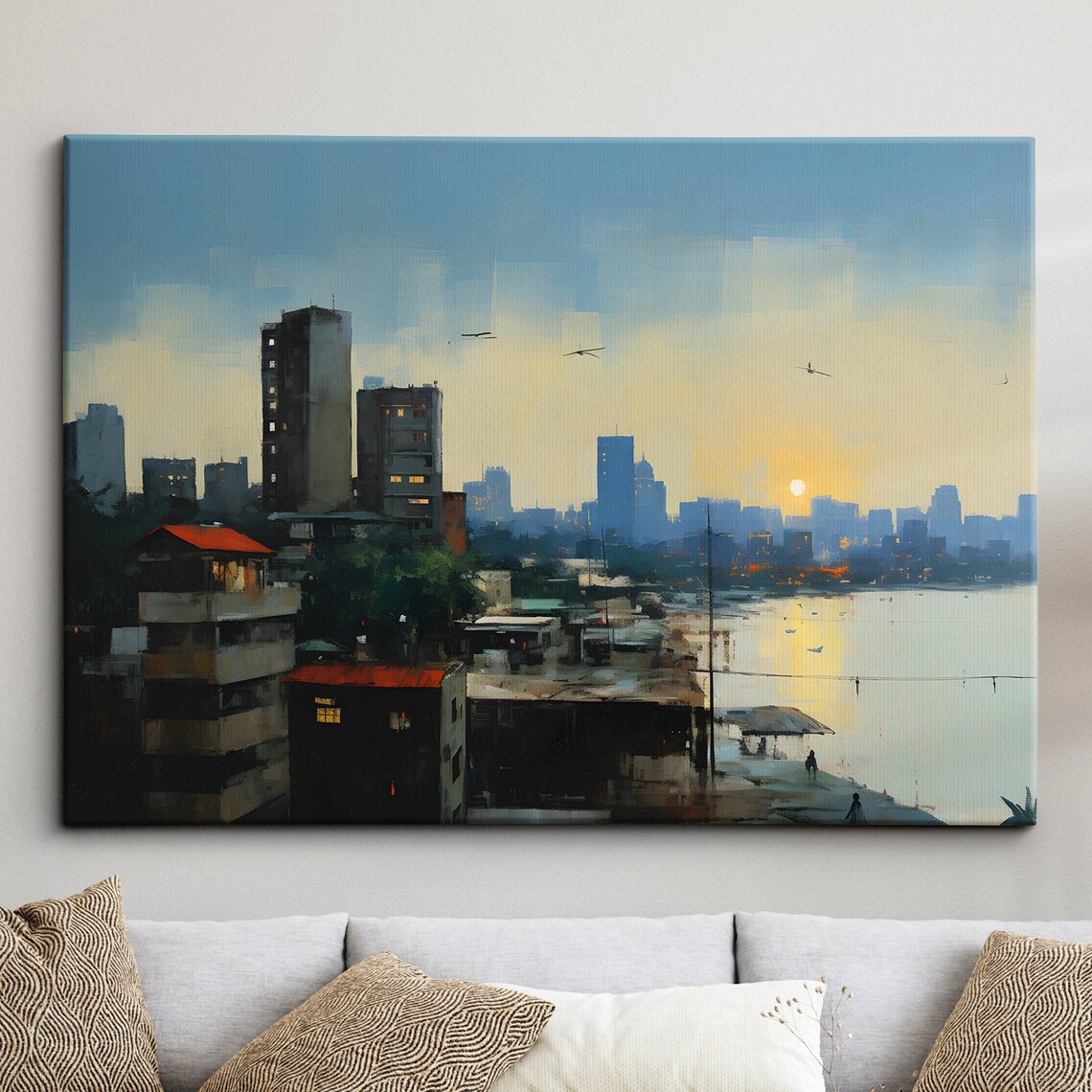 Bangkok River City Sunset Skyline Watercolor Painting Poster