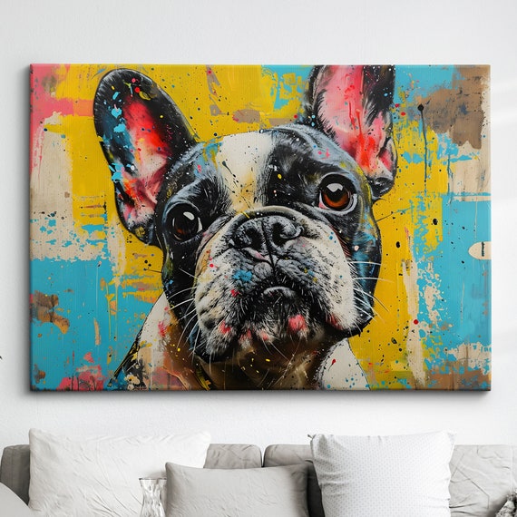 Colorful French Bulldog Abstract Modern Oil Painting Wall Art Framed Canvas Poster Print Home Kitchen Office Room Decor Dog Gift Ideas