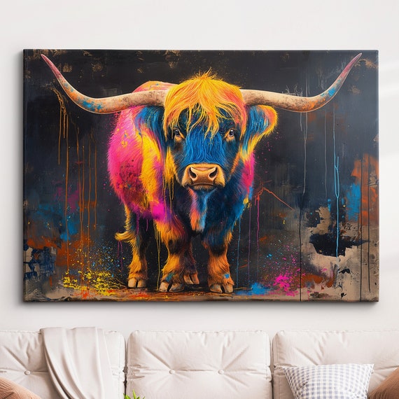 Highland Scottish Cow Painting Colouful Abstract Modern Wall Art Framed Canvas Poster Print Homeoffice Room Decor Gifts