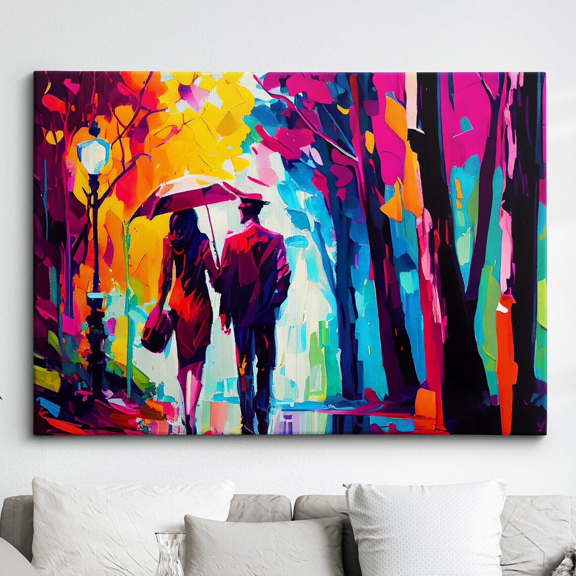Romantic Couple Under Umbrella In Night Park Painting Wall Art
