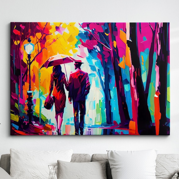 Couple Walking In Park Starry Night Abstract Oil Painting Style Wall Art Framed Canvas Poster Print Home Kitchen Office Room Decor Gifts