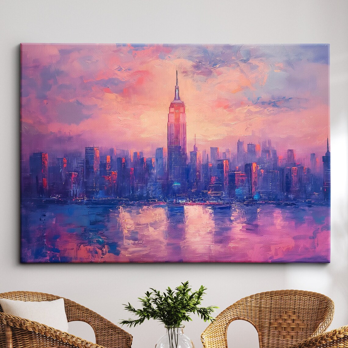 New York City Empire State Pink Sunset Oil Painting Skyline Poster