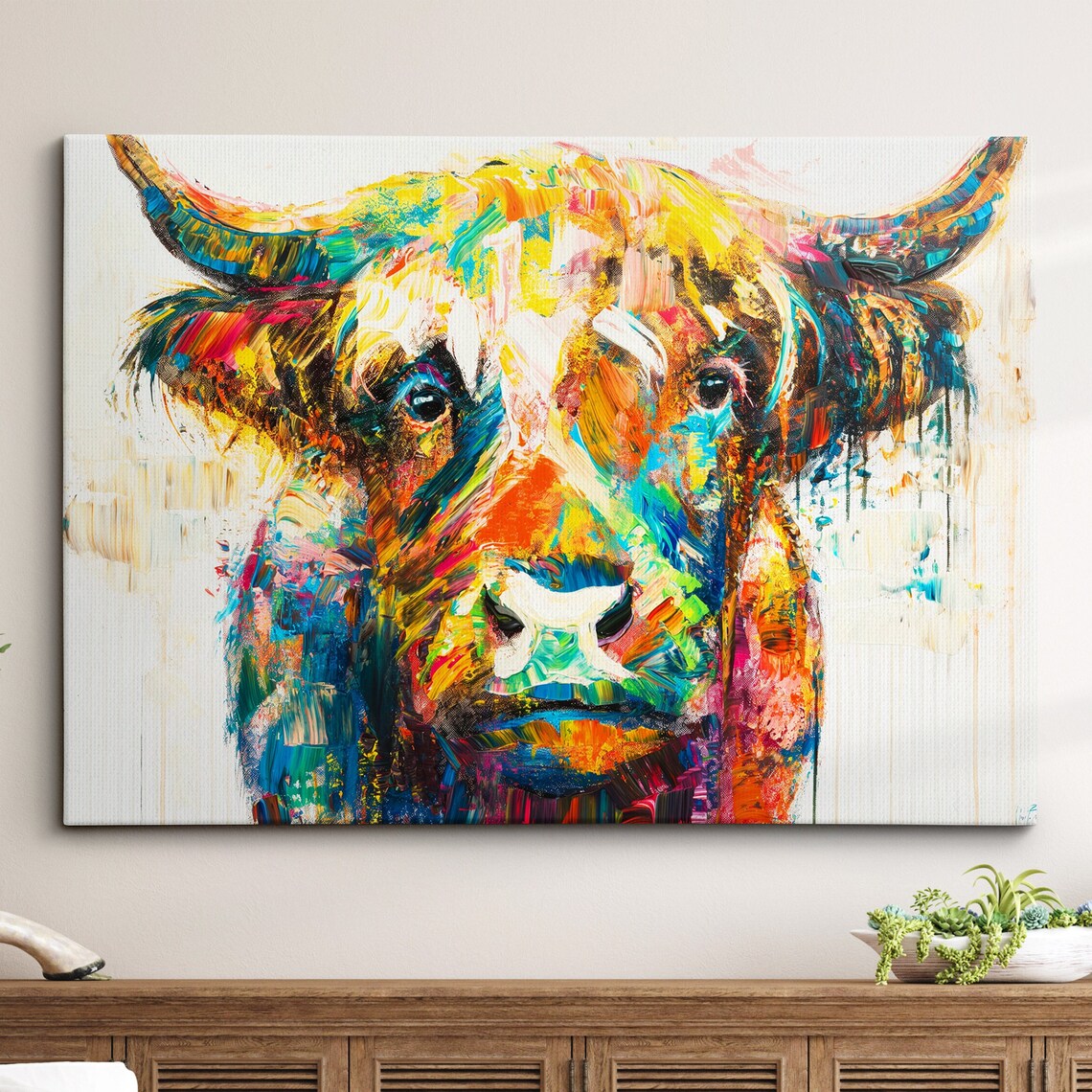 Highland Cow Animal Abstract Oil Painting Colourful Paint Splatter Style Wall Art Framed Canvas Poster Print Home Living Room Decor Gifts