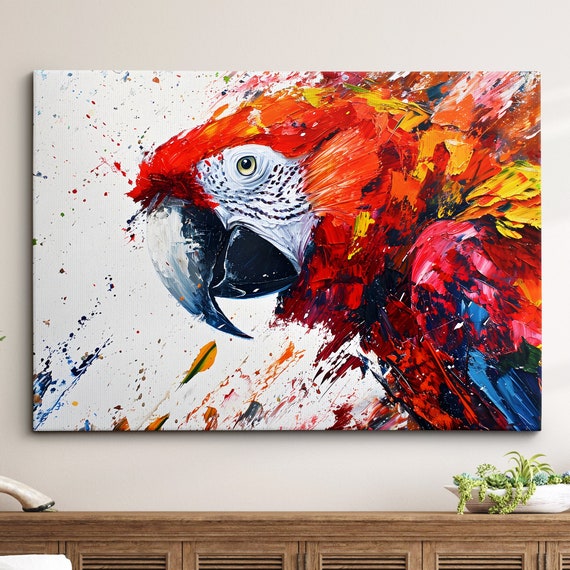 Colorful Parrot Abstract Modern Animal Oil Painting Wall Art Framed Canvas Poster Print Home Kitchen Office Room Decor Bird Gift Ideas
