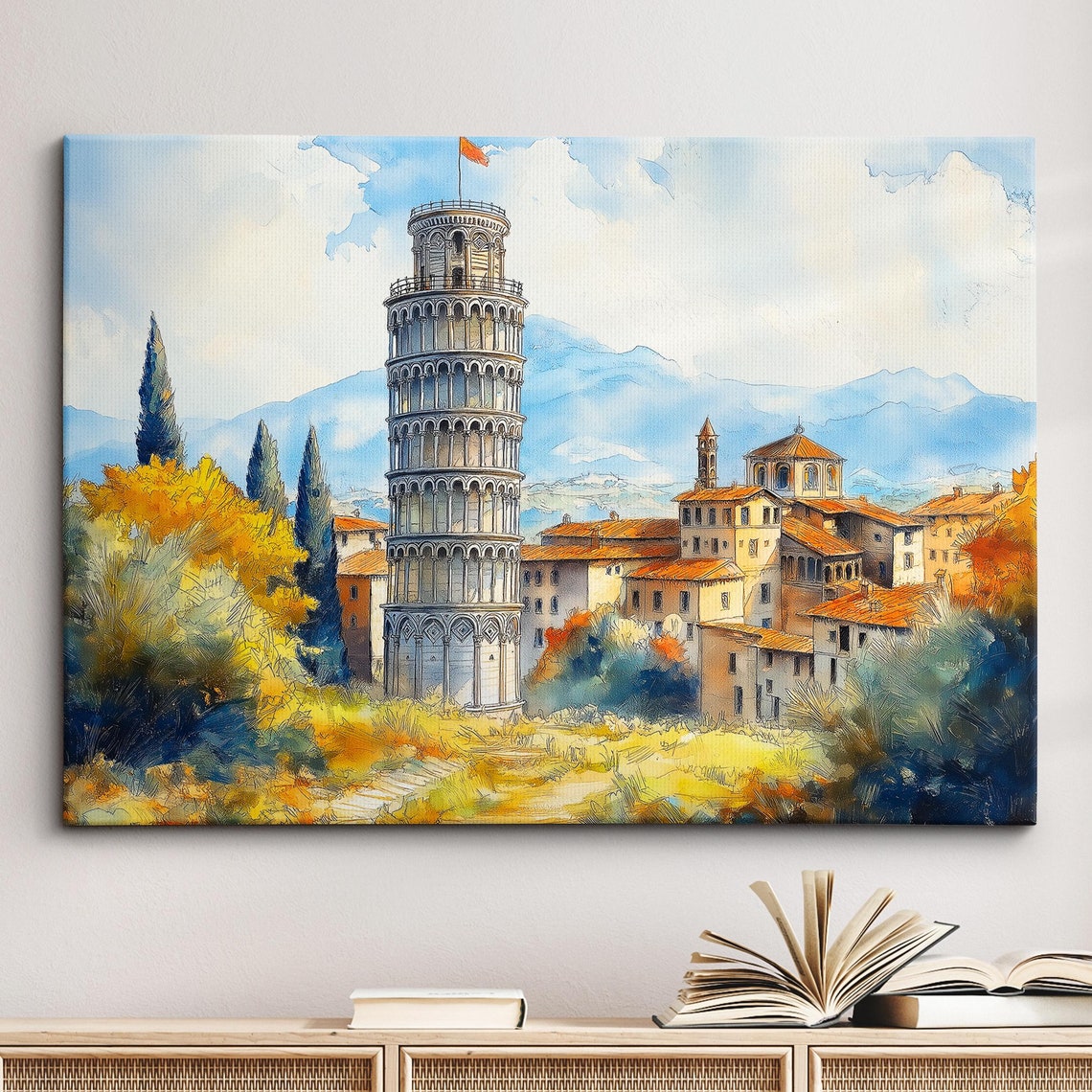 Leaning Tower of Pisa Bright Sunny Watercolor Day Painting Poster