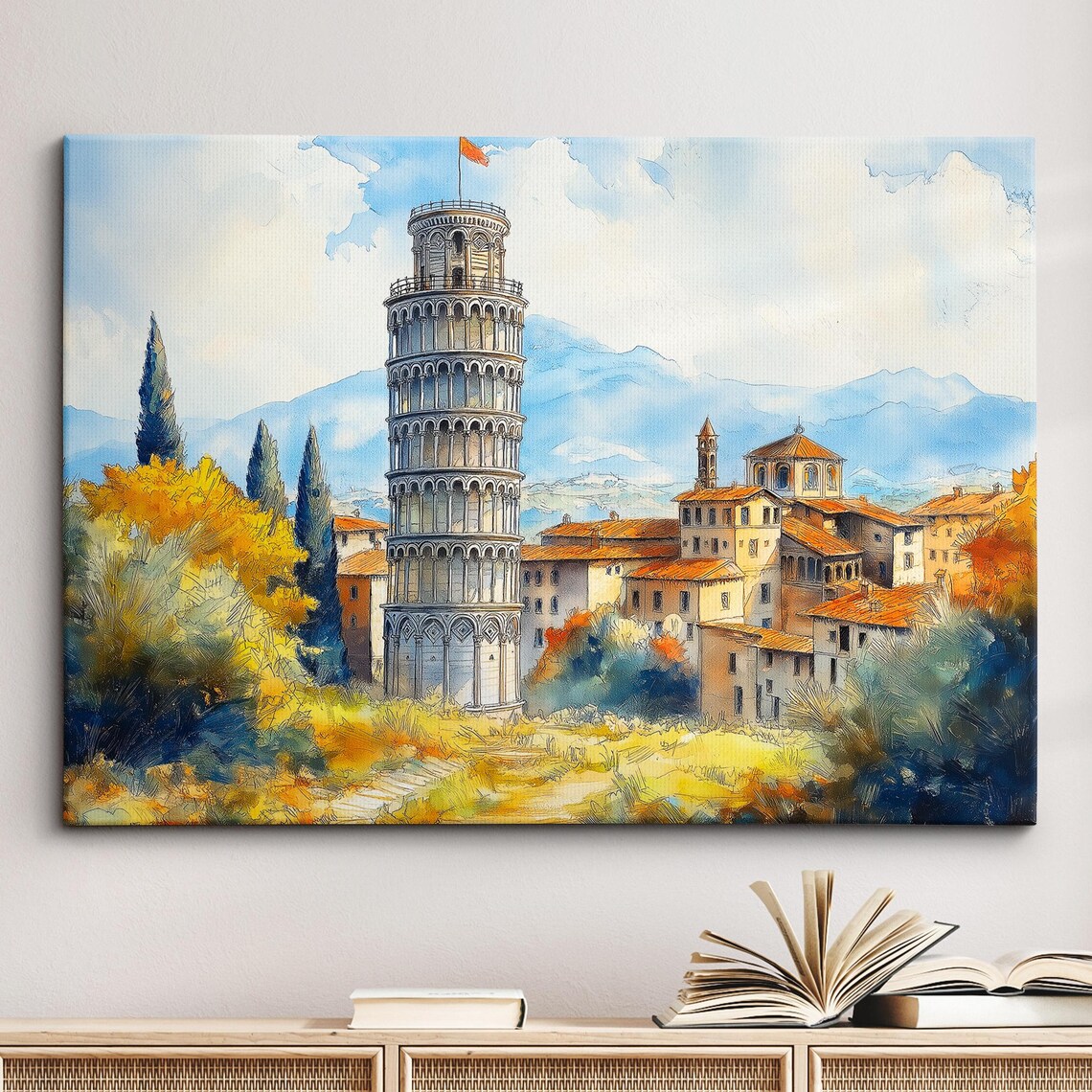 Tower Of Pisa Italy Landmark Pastel Oil Painting Style Wall Art Framed Calming Canvas Poster Print Homeoffice Room Decor Gifts
