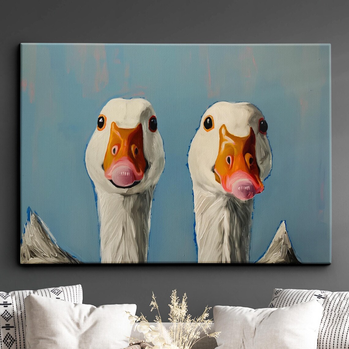 Goofy Pair of Geese Close Up Funny Oil Painting Animal Poster