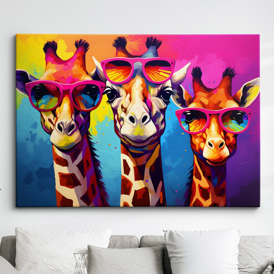 Three Funny Giraffes Wearing Pink Sunglasses Neon Pop Art Poster