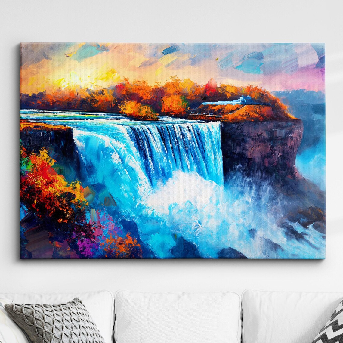 Colorful Waterfall Painting Autumn Foliage Nature Landscape Poster