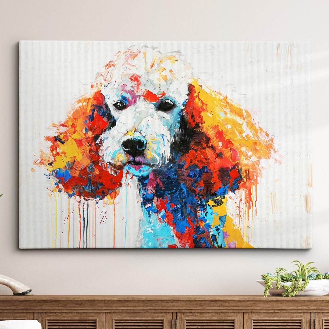 Poodle With Flame Orange Ears Vivid Colorful Oil Painting Dog Poster