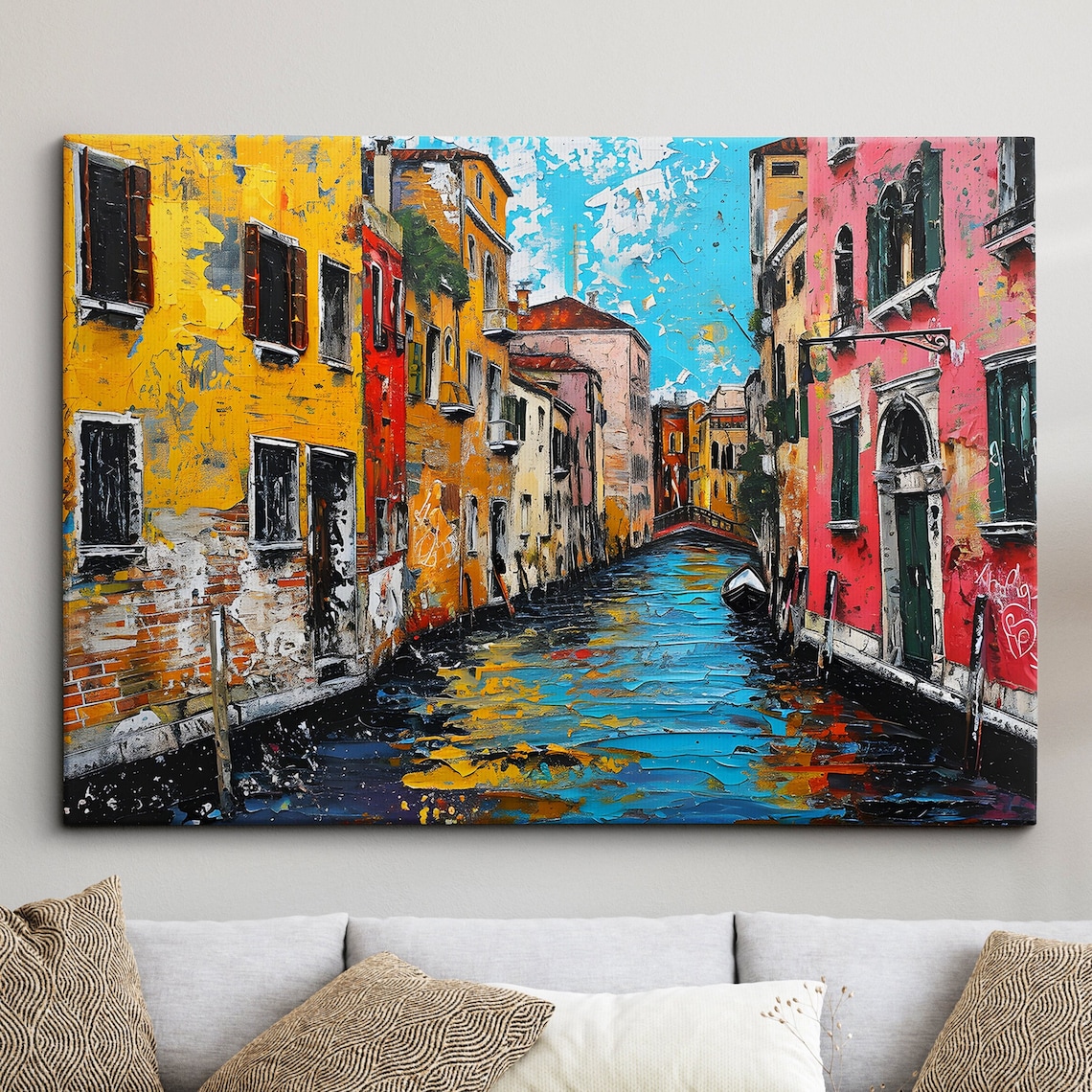Venice Side Canal Colorful Impasto Painting of Old Buildings Poster