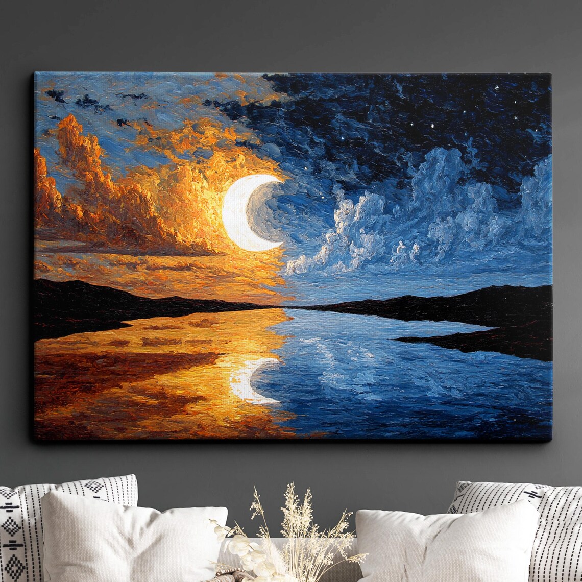 Crescent Moon Over Water Day Night Sky Seascape Painting Art Poster
