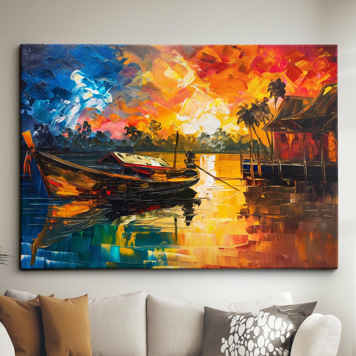 Thai Longtail Boat Golden Sunset River Vibrant Oil Painting Poster