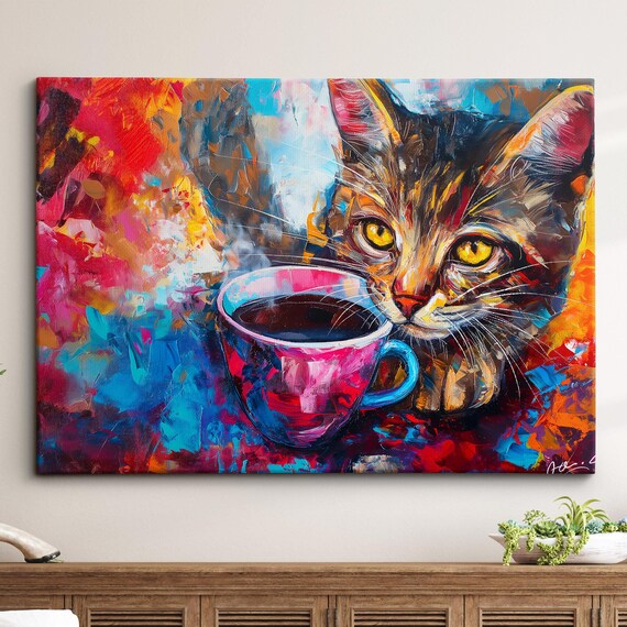 Abstract Tabby Cat With Pink Coffee Cup Vibrant Oil Painting Poster