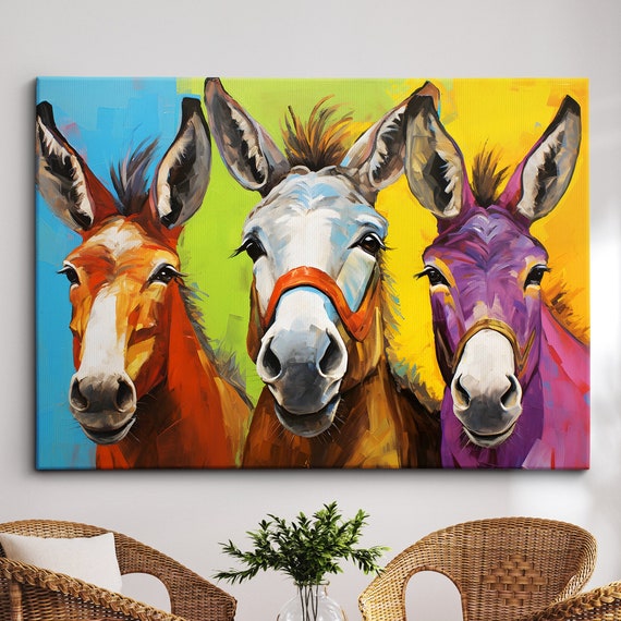 Colorful Donkeys Farm Animal Abstract Oil Painting Paint Splatter Wall Art Framed Canvas Poster Print Home Living Room Decor Fun Donkey Gift