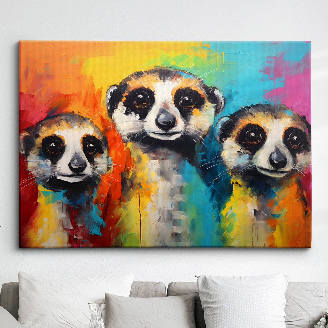 Three Meerkats Colorful Abstract Oil Painting Fun Animal Poster Art