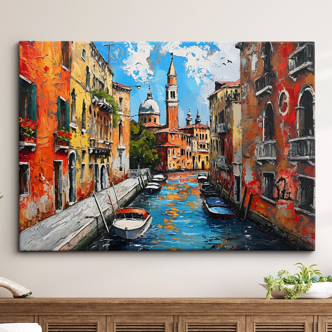 Venice Canal With Moored Boats and Bell Tower Impasto Painting Poster