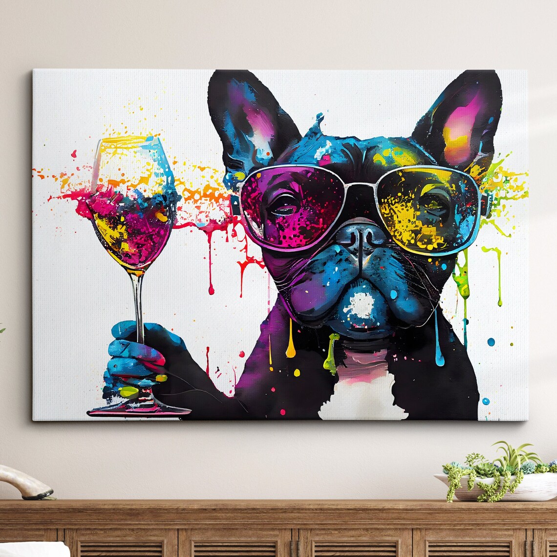 French Bulldog Toasting Drink, Abstract Modern Art Print