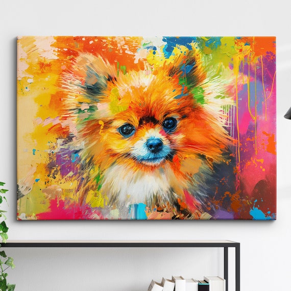 Colorful Pomeranian Dog Pet Abstract Modern Oil Painting Wall Art Framed Canvas Poster Print Home Kitchen Office Room Decor Gifts
