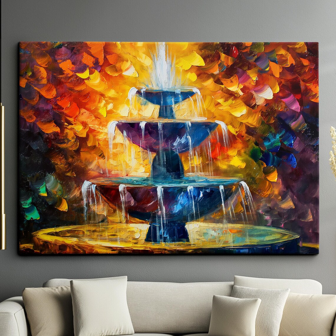 Colorful Tiered Garden Fountain Impasto Oil Painting Decor Poster