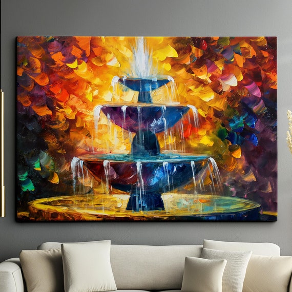 Water Fountain Modern Oil Abstract Painting Wall Art Natural Landscape Framed Canvas Poster Print Home Kitchen Office Room Decor Gifts