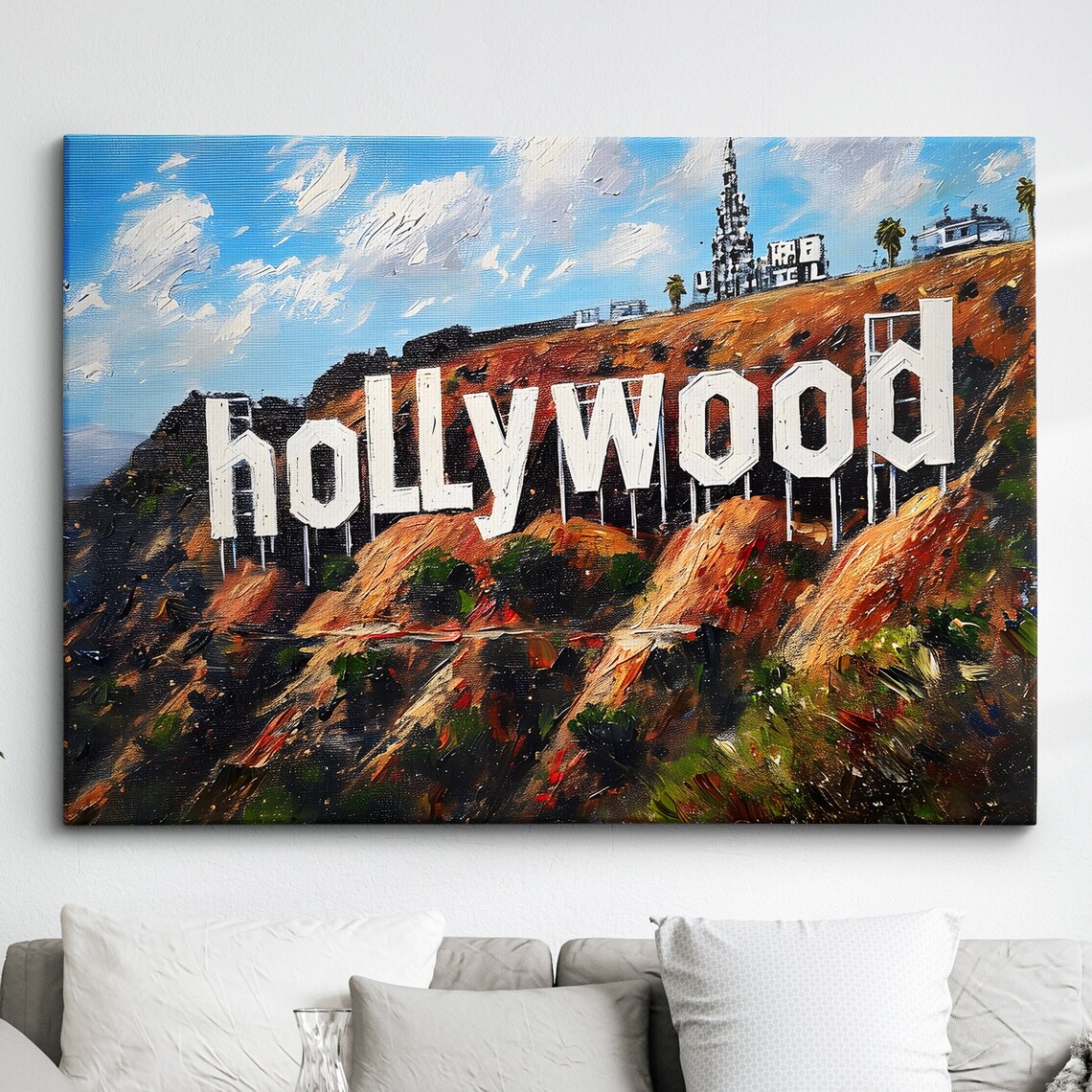 Hollywood Sign Los Angeles Hillside Oil Painting Travel Poster