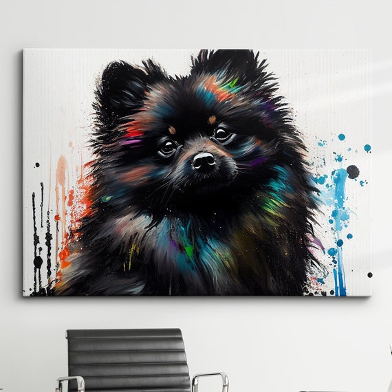 Black Colorful Pomeranian Dog Pet Abstract Modern Oil Painting Wall Art Framed Canvas Poster Print Home Kitchen Office Room Decor Gifts